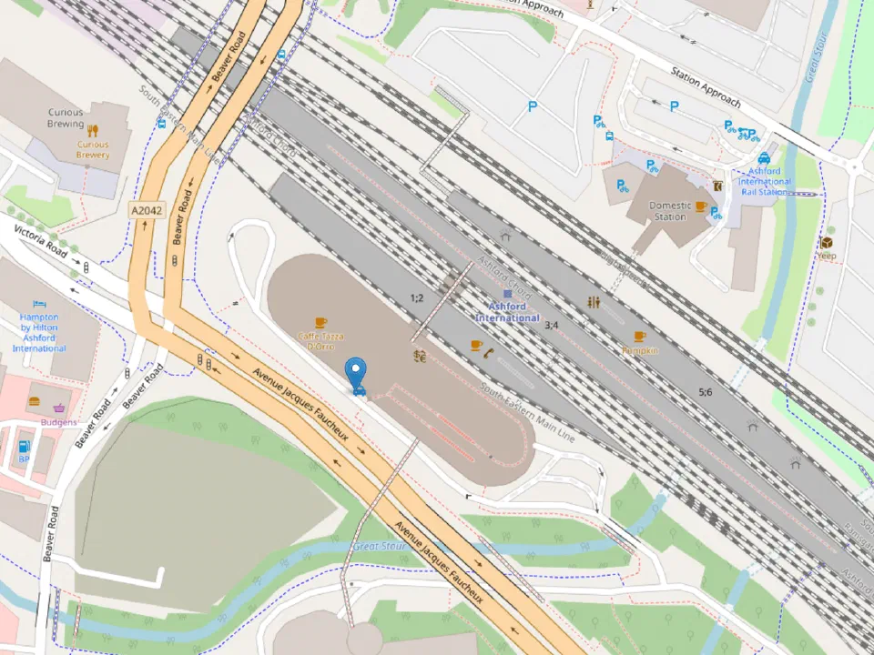 Map of Ashford International with a pin at the taxi rank outside the international entrance, on Avenue Jacques Faucheux