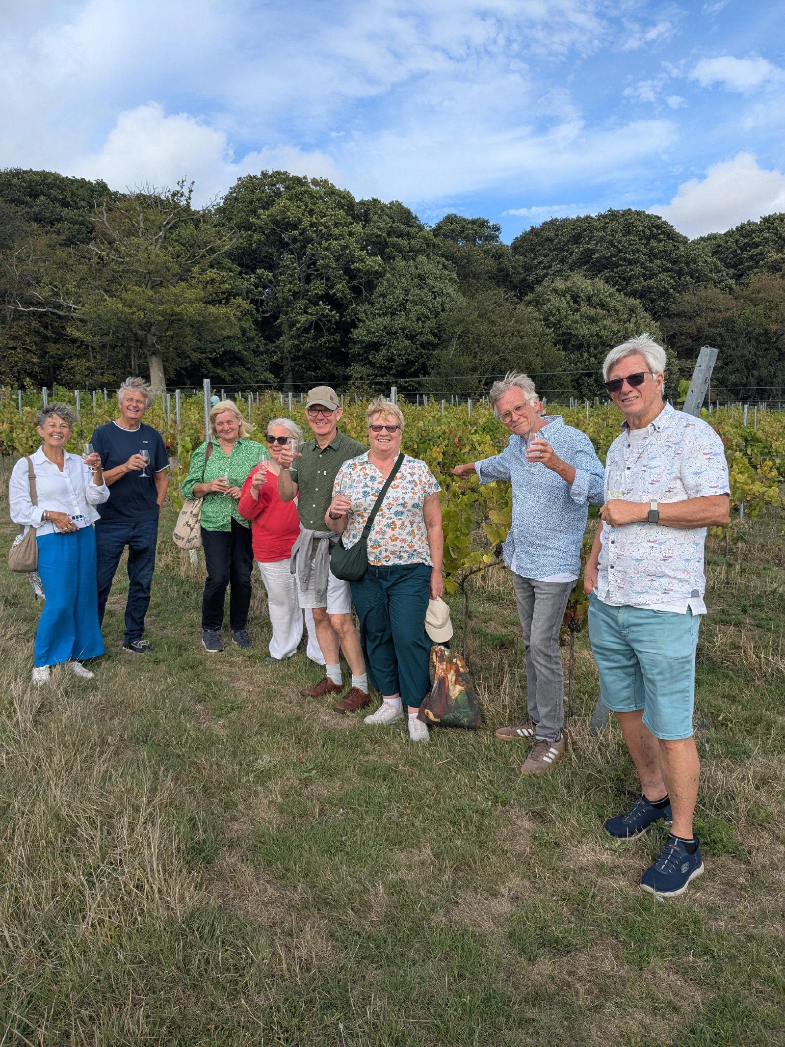 A group of eight guests standing together in front of the vines
