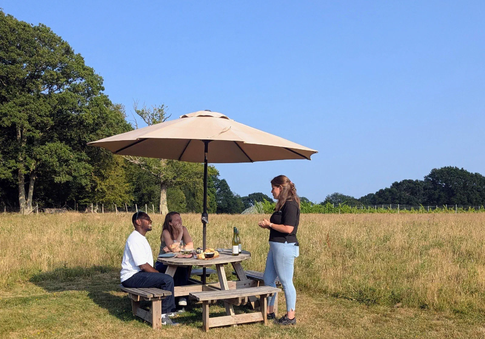 Two guests at a picnic table in a meadow at Wayfarer while their host pours wine under a parasol