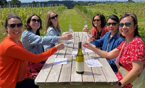 Six guests in sunglasses raising their glasses at a long table in the vineyard